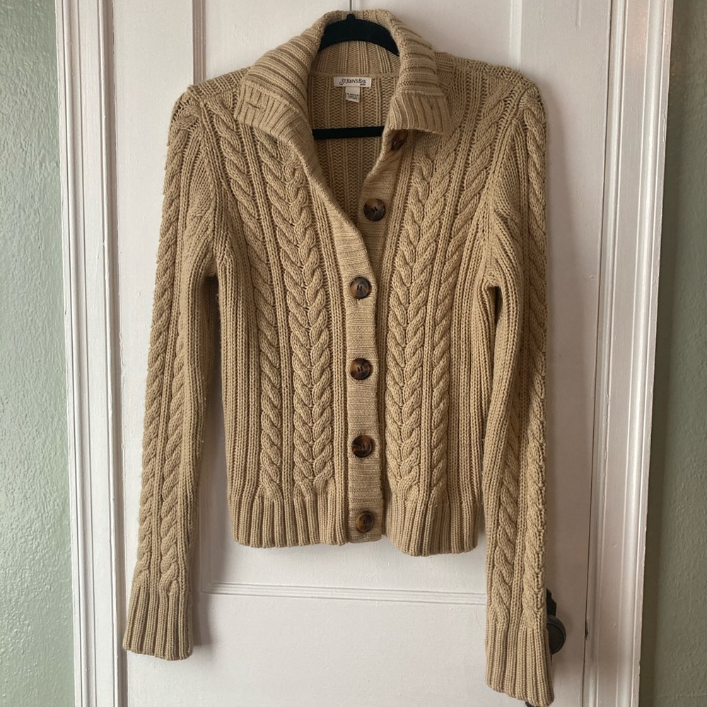 Beige Cable Knit Sweater with Buttons